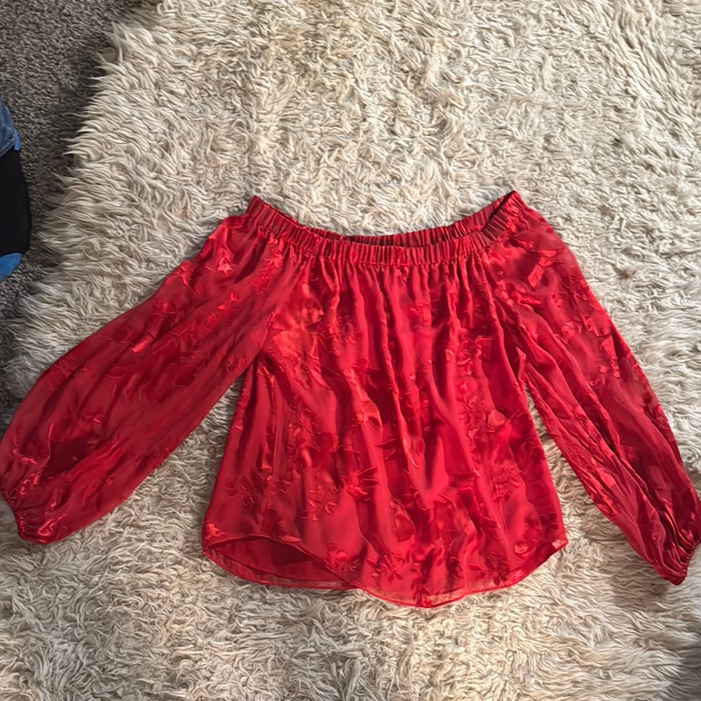 White House Black Market Red Smocked Blouse with Bishop Sleeves and 3/4 Length